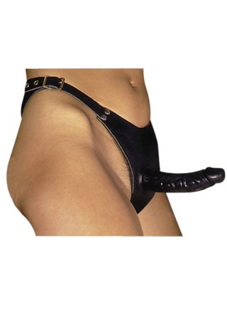 Leren slip met latex voorbindpenis