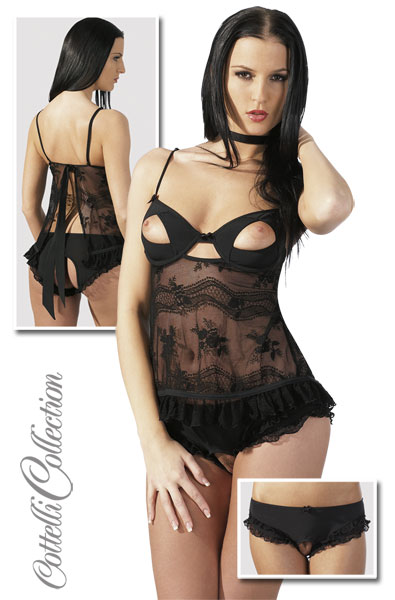 Zwarte babydoll met kant en rushes